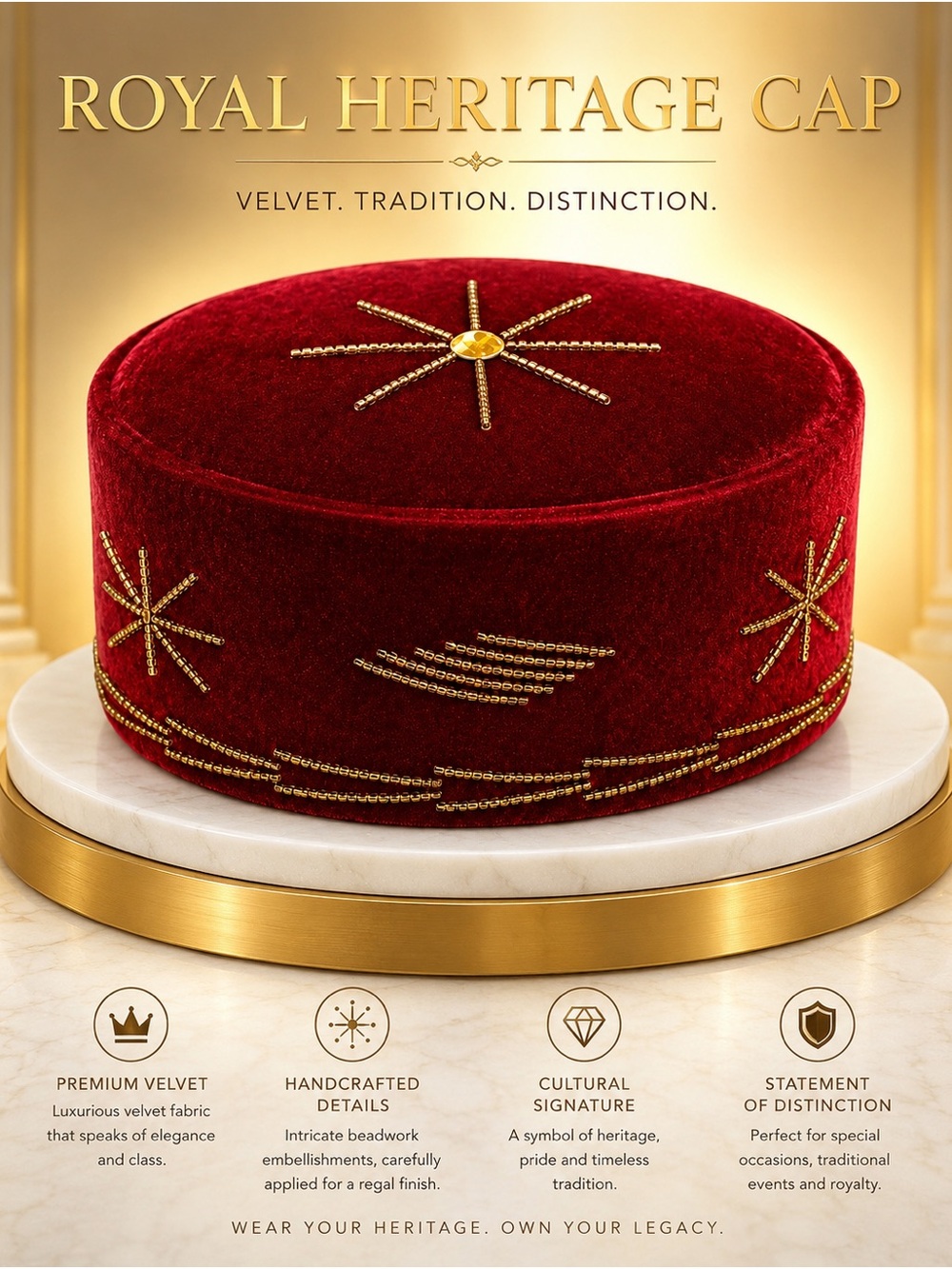 Royal Heritage Men’s RED VELVET CHIEFTAIN Cap - For Agbada/Kaftan
